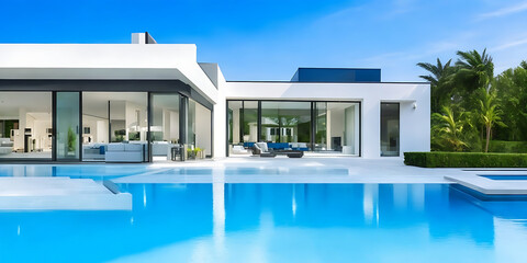 Fototapeta na wymiar Modern house with pool, luxurious villa with swimming pool at dusk