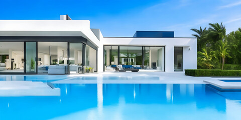 Fototapeta premium Modern house with pool, luxurious villa with swimming pool at dusk