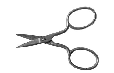 Stainless steel old metallic scissors isolated cutout on transparent