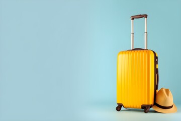 Yellow travel suitcase with hat on blue background. Generative AI
