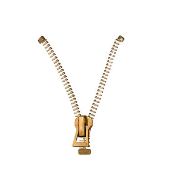 Metal bronse open zipper isolated cutout on transparent