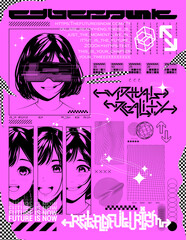 Poster with cute anime girls on the theme of virtual reality, future, cyberpunk, retrofuturism. Pink poster with cute anime girls. Japanese poster in manga style. Poster Y2K for typography. Vector - obrazy, fototapety, plakaty