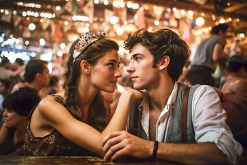 Oktoberfest Romance: Stunning Couple in Traditional Bavarian Tracht with Dirndl Enjoying Oktoberfest, Generative AI