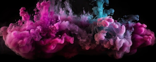 Ink water. Color mist. Pink and purple shiny glitter steam cloud blend on dark black abstract art banner background. Ai generative.