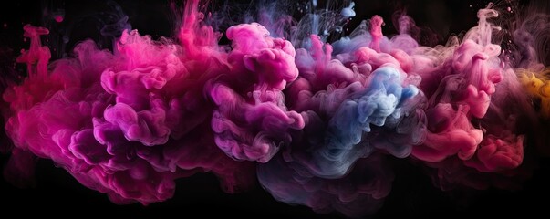 Ink water. Color mist. Pink and purple shiny glitter steam cloud blend on dark black abstract art banner background. Ai generative.