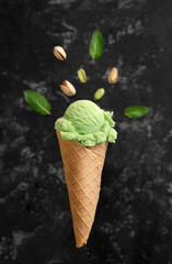 Pistachio ice cream in a waffle cone with mint leaves and nuts on a dark background
