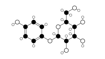 arbutin molecule, structural chemical formula, ball-and-stick model, isolated image glycoside