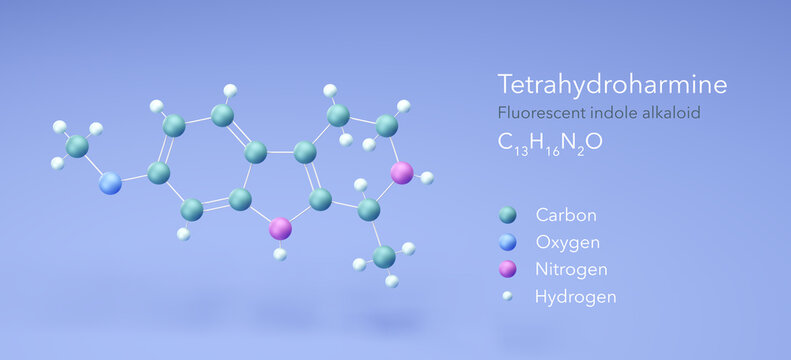 tetrahydroharmine molecule, molecular structures, fluorescent indole alkaloid, 3d model, Structural Chemical Formula and Atoms with Color Coding