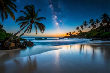 Fototapeta na wymiar Silver Sands and Moonlit Waves: A Tranquil Nocturnal Beachscape