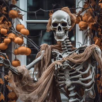 Skeleton sits on the terrace dressed in a spider web. Scary background with pumpkins for Halloween. Generative AI.