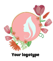 Beautiful watercolor logo with , tulips and other flowers, face of longhaired woman