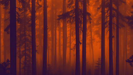 dark scary forest with big wood pine trees