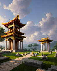 Panoramic temple landscape with scenic park and sky clouds
