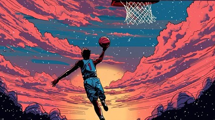 Basketball player dunking . Fantasy concept , Illustration painting.