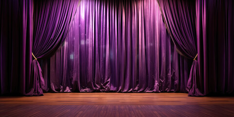 Purple stage curtain on wooden floor. Generative AI