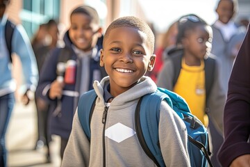 Happy and smiling little boy carrying a backpack going back to school