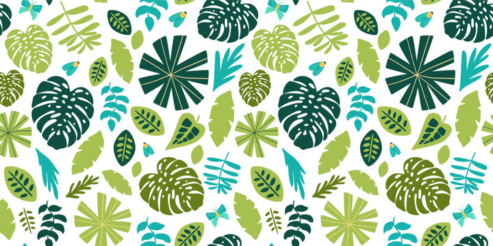 Green jungle floral seamless pattern. Tropical leaves, palm leaves, safari nature background. Vector rainforest print.