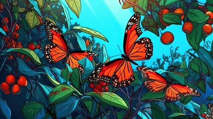 Beautiful butterflies in a garden . Fantasy concept , Illustration painting.