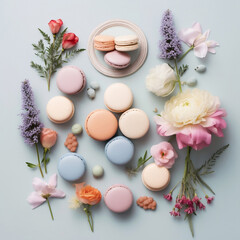 Pastel macaroons and flowers design flat lay view, AI generated 