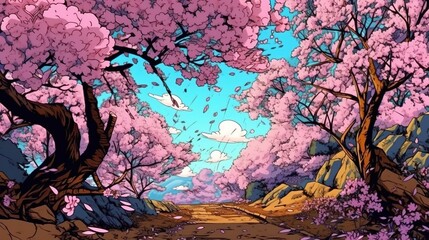 Beautiful cherry blossom gardens . Fantasy concept , Illustration painting.