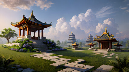 Panoramic temple landscape with scenic park and sky clouds
