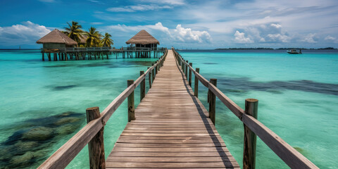 Fototapeta premium Wooden jetty that juts out into paradise tuquoise waters. Generative AI