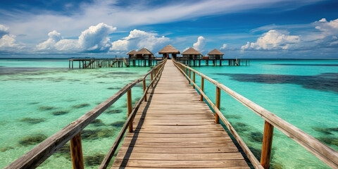 Fototapeta premium Wooden jetty that juts out into paradise tuquoise waters. Generative AI