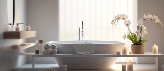 Stylish bathroom interior design with Bathtub, towels and accessories.