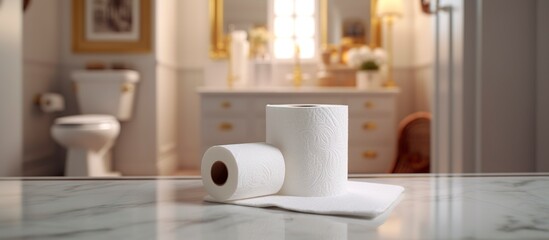 Toilet bowl and rolls of paper in restroom
