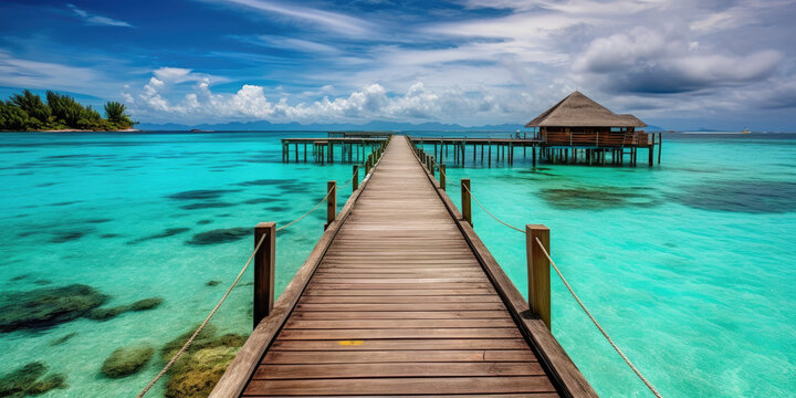Wooden jetty that juts out into paradise tuquoise waters. Generative AI
