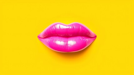 Beautiful pink lips on yellow background. Closeup