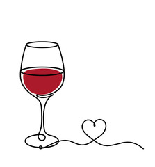 Drawing line color wineglass with heart on the white
