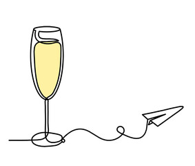 Drawing line color wineglass with paper plane on the white