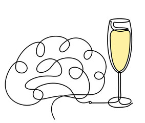 Drawing line color wineglass with brain on the white
