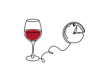 Drawing line color wineglass with clock on the white