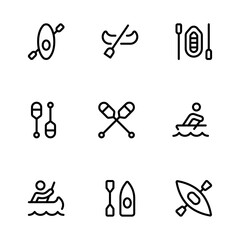 Canoe icon, rafting canoeing, Canoe, boats, oars, rowing vector set design with Editable Stroke. Line, Solid, Flat Line, thin style and Suitable for Web Page, Mobile App, UI, UX design.