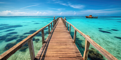 Obraz premium Wooden jetty that juts out into paradise tuquoise waters. Generative AI