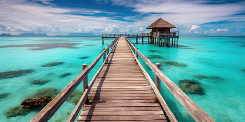 Fototapeta premium Wooden jetty that juts out into paradise tuquoise waters. Generative AI