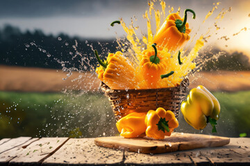 Naklejka na ściany i meble basket of sweet peppers on a wooden table, under the sunset with a beautiful countryside blurred on the blur background, made with ai generative tools