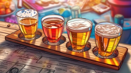 Beer flight tasting . Fantasy concept , Illustration painting.
