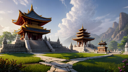 Panoramic temple landscape with scenic park and sky clouds