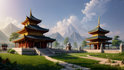 Panoramic temple landscape with scenic park and sky clouds