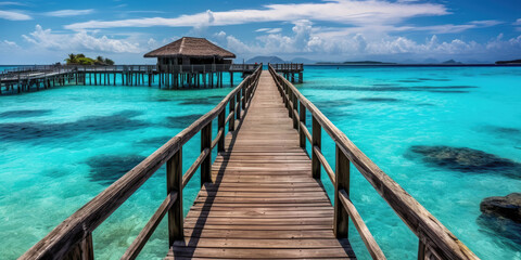 Fototapeta premium Wooden jetty that juts out into paradise tuquoise waters. Generative AI