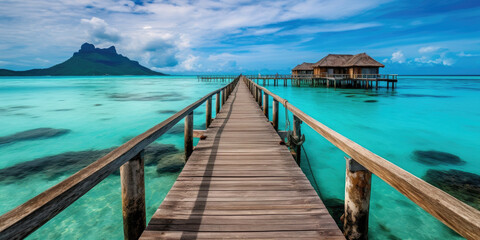 Fototapeta premium Wooden jetty that juts out into paradise tuquoise waters. Generative AI