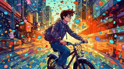 Obraz na płótnie Canvas Bicycle messenger weaving through city traffic . Fantasy concept , Illustration painting.