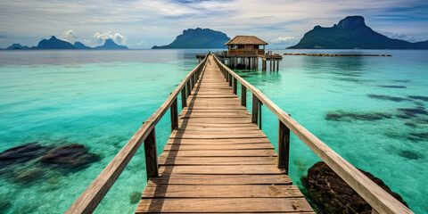 Fototapeta premium Wooden jetty that juts out into paradise tuquoise waters. Generative AI