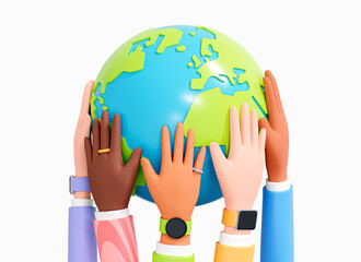 3D Diverse hands holding globe. Multicultural characters supporting each other. Partnership in solving global problems. Earth protection. Help ecology. Cartoon creative design illustration. 3D Render