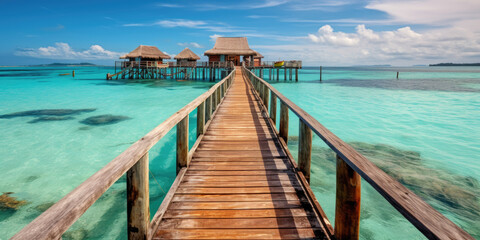 Fototapeta premium Wooden jetty that juts out into paradise tuquoise waters. Generative AI