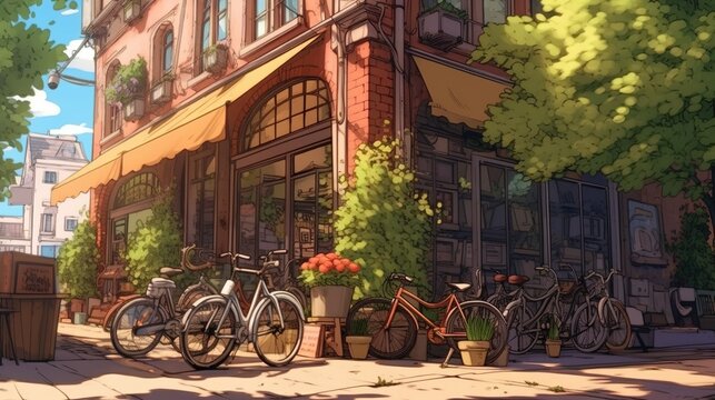 Bicycles parked in front of a cafe . Fantasy concept , Illustration painting.