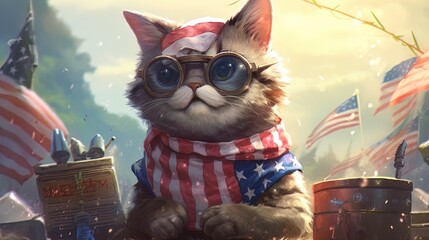 Cartoon cat in an American flag headband on the background of American flags. . Fantasy concept , Illustration painting.